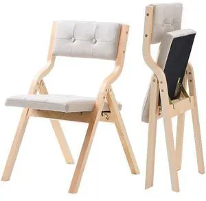 VEVOR Wooden Folding Chairs with Padded Cushion and Wooden Frame Beige Set of 2