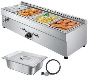 VEVOR 4-Pan Commercial Propane Steam Table, LP Gas Outdoor Soup Warmer with Drain Valve, Stainless Steel Propane Food Warmer with Adjustable Temperature, for Restaurant Party Outdoor Camping