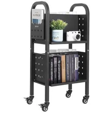 VEVOR 2-Tier Rolling Book Cart Double Sided L-Shaped Shelves Book Truck in Black