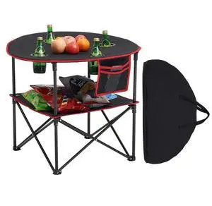 VEVOR Folding Portable Camping Table Oxford Outdoor Picnic RoundTable 4 Cup Holders