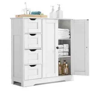 VEVOR Wooden Bathroom Floor Cabinet Storage 4 Drawers and Adjustable Shelf White
