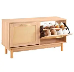 Entryway Shoe Storage Bench 39.4x11.8x20.9Inch Rattan-Like Rack with Flip Drawer