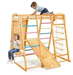 VEVOR Indoor Playground Jungle Gym 7-in-1 Wooden Indoor Playground for Kids