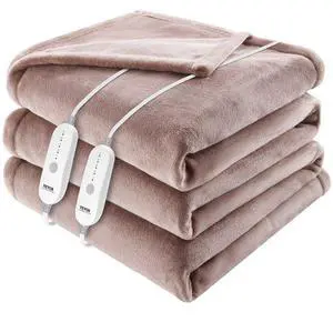 VEVOR Heated Blanket Electric Throw, 100" x 90" King Size, Soft Flannel Heating Blanket with 10 Hours Timer Auto-off & 5 Heating Levels, Dual Control, Machine Washable, ETL & FCC Certification (Beige)
