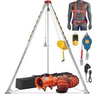 VEVOR 2600 lbs Winch Confined Space Tripod Kit, Confined Space Tripod 8' Legs and 98' Cable, Confined Space Rescue Tripod 33' Fall Protection with Blower, Gas detector, Harness.
