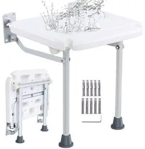VEVOR Folding PE Shower Seat, 15.7'' x 14.8'' Unfolded, Wall Mounted Fold Up Shower Bench with 500 lbs Load Capacity, Space Saving Fold Down Shower Chair for Seniors Pregnant Women Children Adults
