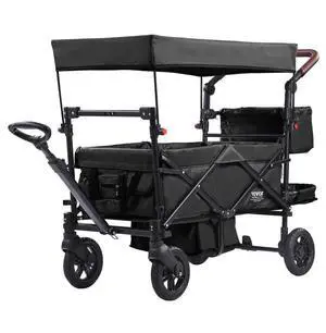 VEVOR Wagon Stroller for 2 Kids, Push Pull Quad Collapsible Stroller with Adjustable Handle, Encircling Harness Removable Canopy, 4 Wheels with Brakes, Mutifunction Tandem Stroller for Camping Black
