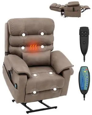 Vevor Power Lift Recliner Chair, Medium-Wide Lay Flat Dual Motor Sofa with Massage and Heat for Elderly People, Cup Holders, Wireless Charging Pad, Light Brown