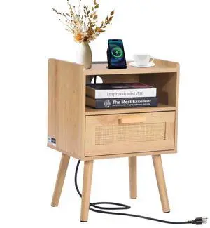 VEVOR Rattan Nightstand - Stylish Boho Bedside Table with Drawer and Open Shelf. Crafted with Solid Wood Legs and Rattan, This Wooden Nightstand with a Charging Station is Ideal for Bedroom