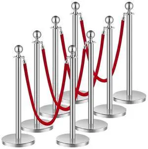 VEVOR Stanchions and Velvet Ropes 8Pcs, Hollow Base with Stainless Steel Post, 4 Red Velvet Ropes and Posts, Crowd Control Barriers Silver Stanchions, Red Carpet Runner Poles for Party Supplies