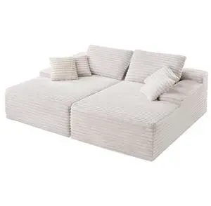 Oversized Double Chaise Lounge 82.7 in Corduroy Sectional Loveseat Sofa Beige