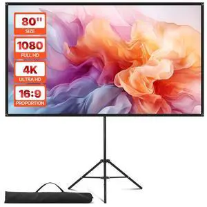 Tripod Projector Screen with Stand 80 Inch 160° Wide Angle 4K HD 16:9 Screen