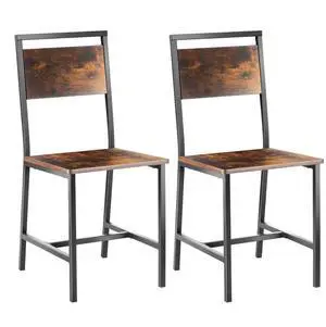 Set of 2 Wooden Dining Chairs Farmhouse Kitchen Chair Metal Frame Backrest Brown