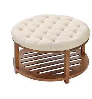 Large Round Ottoman Coffee Table 31.9 Inch Upholstered Tufted Linen Ottoman