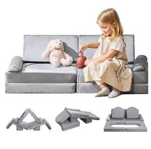 VEVOR Modular Kids Play Couch Sectional Toddler Sofa with Armrests 10 Pcs Gray