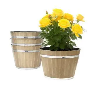 Resin Whiskey Barrel Planter Garden Flower Plant Pot 11.81 x 11.81 x 8.27 in