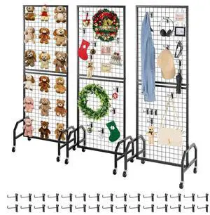 VEVOR 3 Packs Grid Wall Panel 1.9 x 5.4 ft Wire Display Rack with Wheels & Hooks