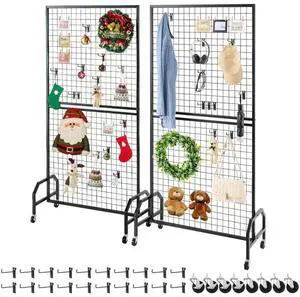 VEVOR 2 Packs Grid Wall Panel 2.9 x 5.9 ft Wire Display Rack with Wheels & Hooks