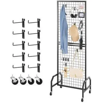 VEVOR Grid Wall Panel 1.9 x 5.4 ft Wire Display Rack with Wheels and 10 Hooks
