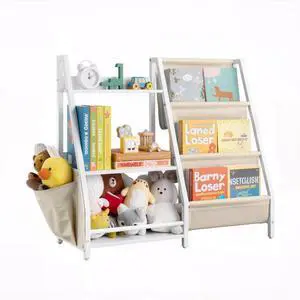 Toy Storage Organizer Kids Bookshelf 7 Section Cubbies Sling Fabric Bag White