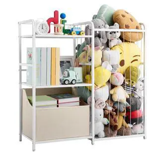 Stuffed Animal Storage Toy Storage Organizer 2-Tier Bookshelf 4 Cubbies White