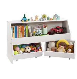 Toy Storage Organizer Wooden Bookshelf with 3 Section Cubbies Mobile Drawers