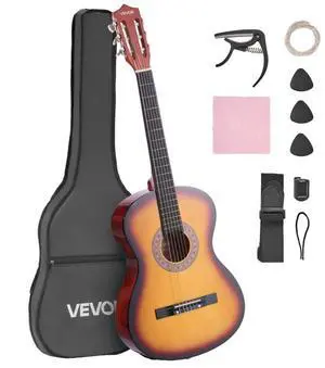 VEVOR Classical Guitar 38 in Guitar Beginner Starter Kit Nylon Strings Sunburst