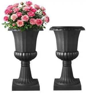 VEVOR Plastic Urn Planters 15.8 x 26.4 Inch Black Floral Pedestal Flower Pots