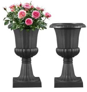 VEVOR Plastic Urn Planters 9.8 x 16.5 Inch Black Floral Pedestal Flower Pots