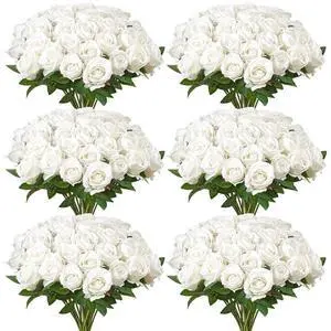 120 Pcs White Roses Artificial Flowers Realistic Bouquet for Xmas Home Decor