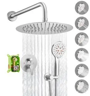 Shower Faucet Set 10" Round Rain Shower Head and Hand Set Brushed Nickel