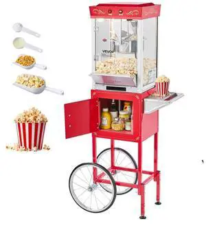 Popcorn Machine with Cart Popcorn Popper Maker 800W 8oz Kettle 48 Cups Red