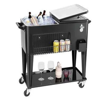 VEVOR 80QT Rolling Ice Chest on Wheels Patio Party Bar Drink Cooler Cart Black