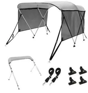 VEVOR 3 Bow Bimini Top Boat Cover, Detachable Mesh Sidewalls, 600D Polyester Canopy with 1" Aluminum Alloy Frame, Includes Storage Boot, 2 Support Poles, 2 Straps, 6'L x 46"H x 79"-84"W, Light Grey