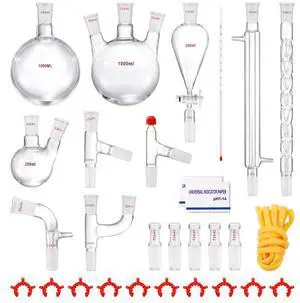 VEVOR Lab Distillation Kit, 3.3 Boro Lab Glassware Distillation Kit with 24, 40 Joint, 1000ml Essential Oil Distillation Apparatus Kit, 29 pcs Set of Glassware Equipment