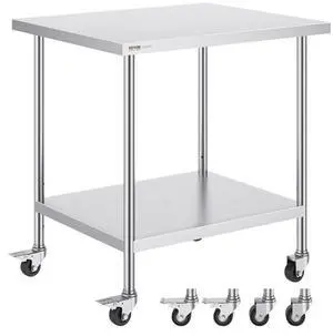VEVOR Stainless Steel Work Table 30 x 18 x 38 Inch, with 4 Wheels, 3 Adjustable Height Levels, Heavy Duty Food Prep Worktable for Commercial Kitchen Restaurant, Silver