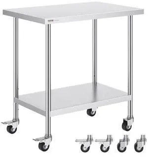 VEVOR Stainless Steel Work Table 24 x 36 x 38 Inch, with 4 Wheels, 3 Adjustable Height Levels, Heavy Duty Food Prep Worktable for Commercial Kitchen Restaurant, Silver