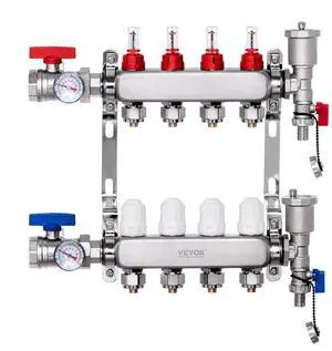 VEVOR 4-Branch Radiant Heat Manifold 1/2" PEX Tubing Floor Heating Manifold Set