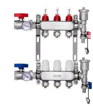 VEVOR 3-Branch Radiant Heat Manifold 1/2" PEX Tubing Floor Heating Manifold Set
