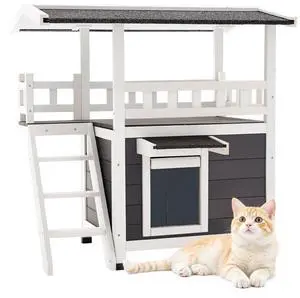 VEVOR Outdoor Cat House 2-Story Wooden Feral Cat Shelter with Stairs & Balcony