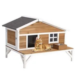 VEVOR Insulated Cat House Outdoor Waterproof Wooden Cat Shelter with Platform