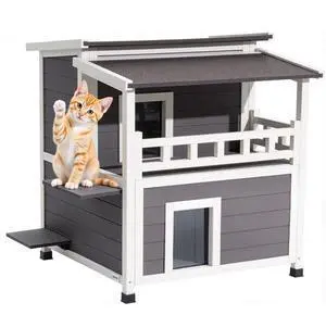 VEVOR Insulated Cat House 2-Story Outdoor Wooden Feral Cat Shelter with Balcony