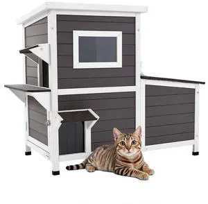 VEVOR Outdoor Cat House 2-Story Wooden Cat Shelter for 3 Outside Cats in Winter