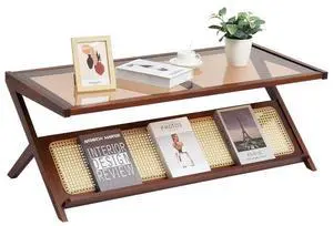 VEVOR Rattan Coffee Table, Z-Shaped Rattan Woven Bamboo Coffee Table with Tempered Glass Top, 47 Modern Boho Storage Coffee Table with Natural Bamboo Legs, for Living Room, Bedroom & Small Spaces