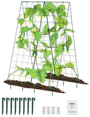 VEVOR Cucumber Trellis for Climbing Plants, 46" x 32" Foldable Cucumber Trellis Set with Plant Clips, Metal Garden Trellis for Raised Bed, Outdoor Plant Grow Support for Tomato, Squash, Vegetable