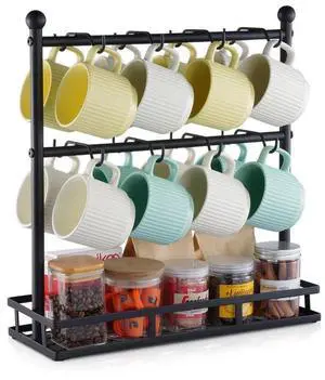 VEVOR Coffee Mug Holder for Countertop, 16 Hooks Coffee Cup Holder with Storage Base, 2 Tier Mugs Tree Rack Carbon Steel Mug Display Stand, for Home Coffee Bar Storage and Display (Matte Black)