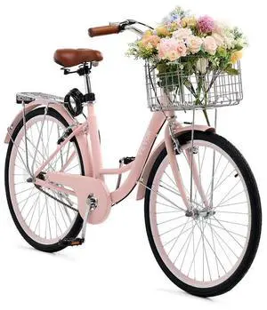 VEVOR Cruiser Bike, 1-Speed, 26-Inch Pink Beach Cruiser Bike with Large Capacity Basket and Rear Rack, Secure & Sturdy Cruiser Bike with Adjustable Seat, Fits for Cycling, Exercise & Shopping