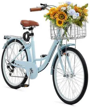 VEVOR Cruiser Bike, 7-Speed, 26-Inch Light Blue Beach Cruiser Bike with Large Capacity Basket and Rear Rack, Secure & Sturdy Cruiser Bike with Adjustable Seat, Fits for Cycling, Exercise & Shopping