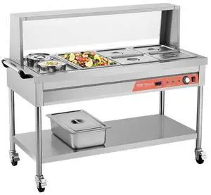 VEVOR Commercial Food Warmer, 5 Pans + 2 Pots Electric Steam Table, 1800W Professional Buffet Catering Food Warmer with Shield Undershelf Wheels, Stainless Steel Server for Party Restaurant Hotel