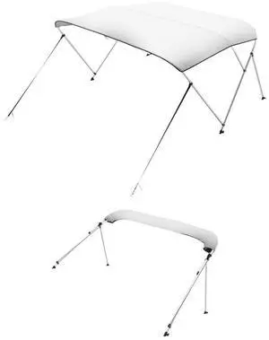 VEVOR 3 Bow Boat Bimini Tops, 600D Polyester Canopy with Aluminum Alloy Frame, Waterproof & Sun Shade Boat Awning Canopy with Storage Bag, 2 Support Poles, 4 Straps, 6'Lx(54"-60")Wx46"H, Light Grey